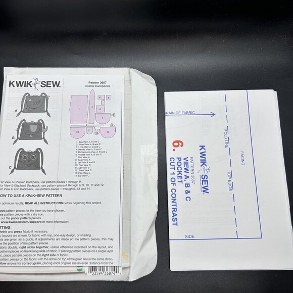 Kwik Sew 3687 “Animal Back Packs” (14” x 11”) Sewing Pattern Uncut FF - Picture 5 of 5